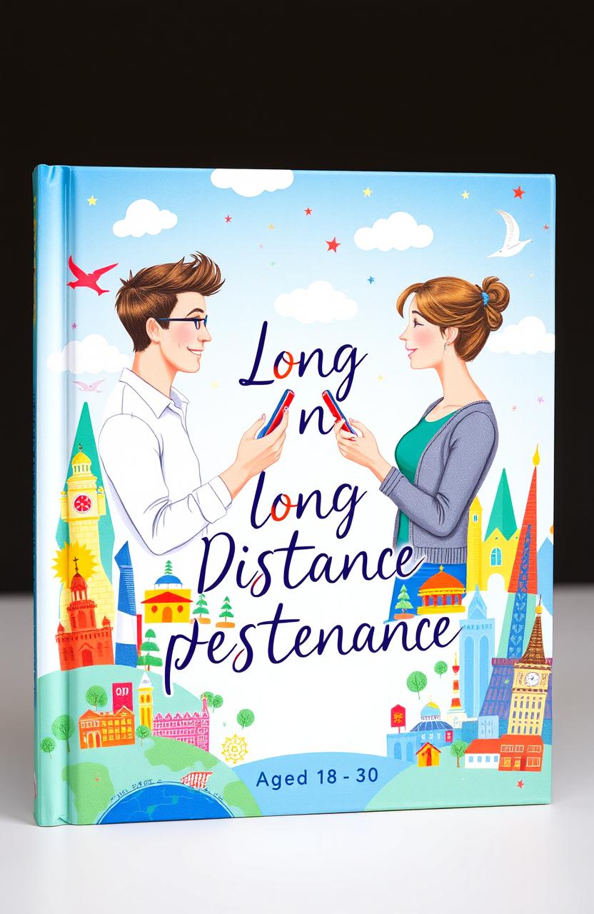 A vibrant book cover illustrating a long-distance relationship between a young man and woman aged between 18 to 30
