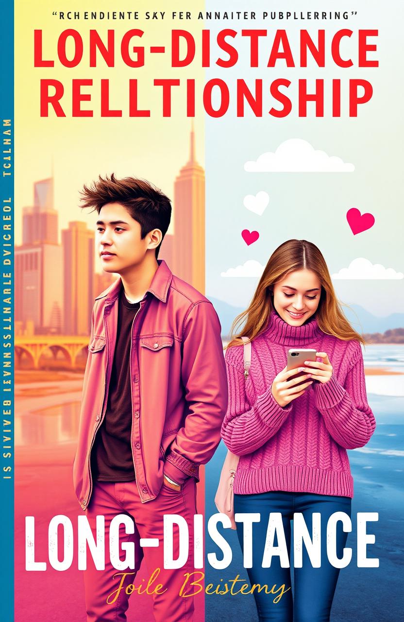 A vibrant and colorful book cover showcasing a young man and woman representing a long-distance relationship