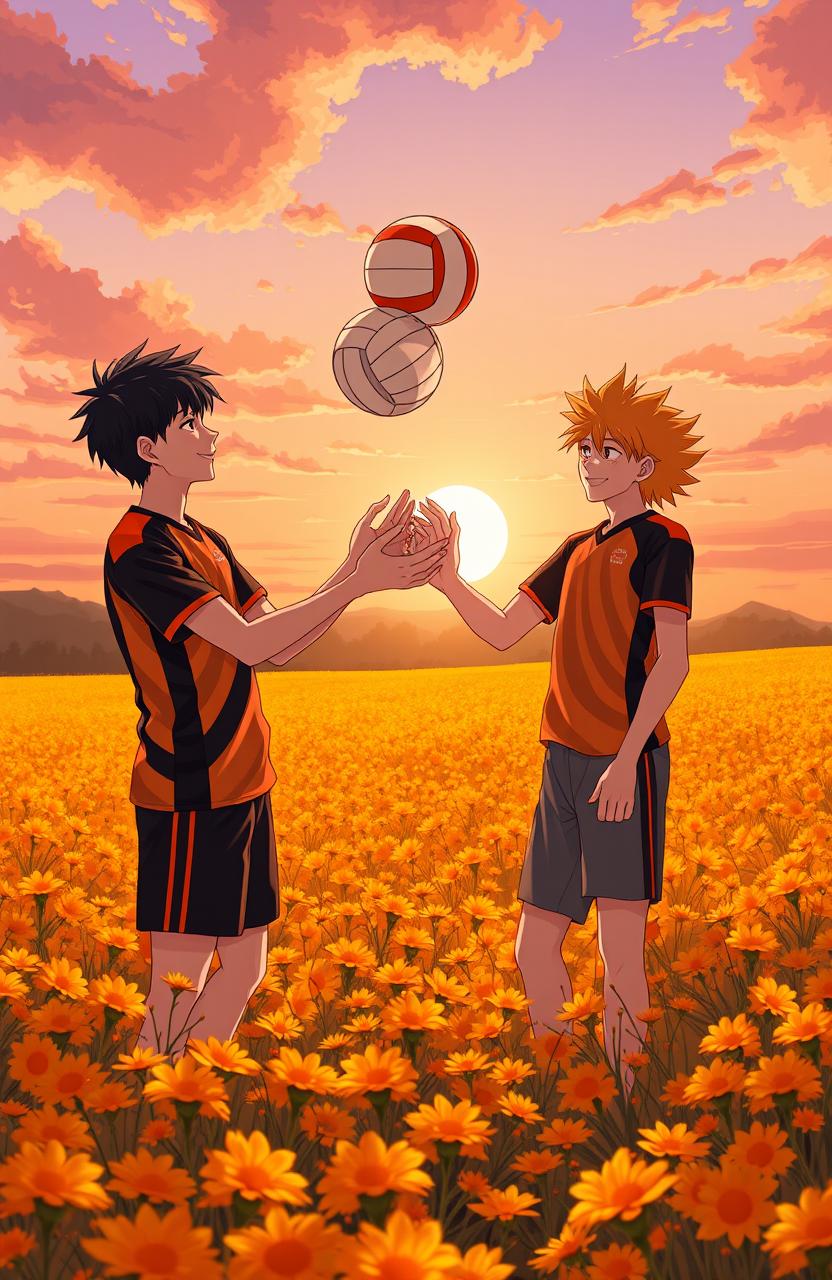 A vibrant scene featuring two tall, athletic boys embracing the warmth of an orange field during sunset
