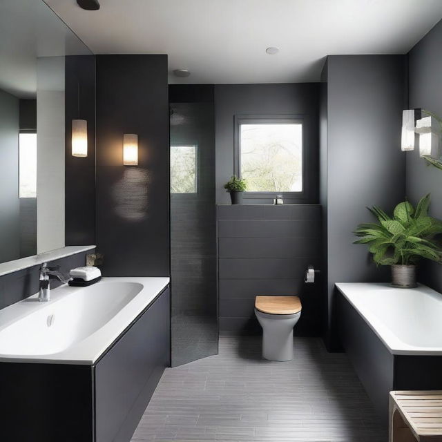 A bathroom featuring a blend of light and dark colors, specifically designed without a bathing tub.