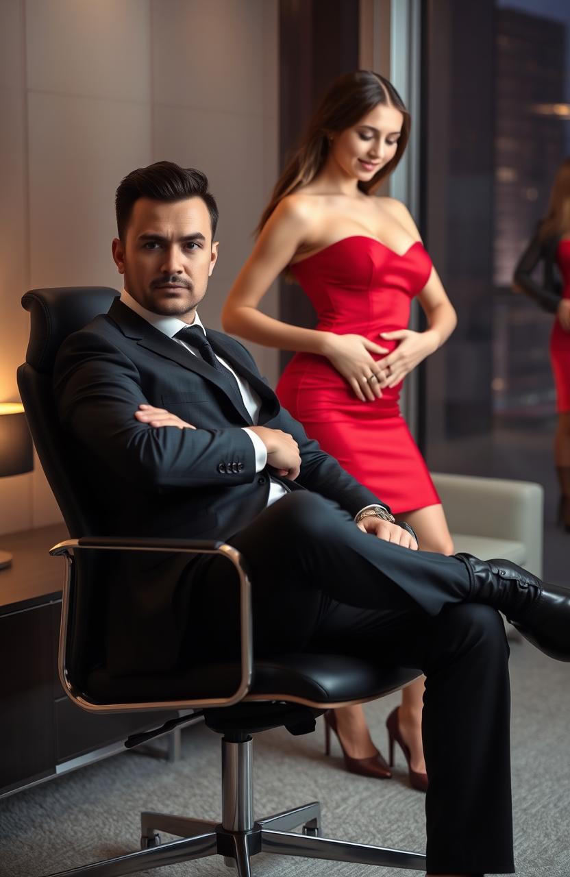 A man in a sharp, tailored suit sitting confidently in a modern office chair, exuding an air of authority