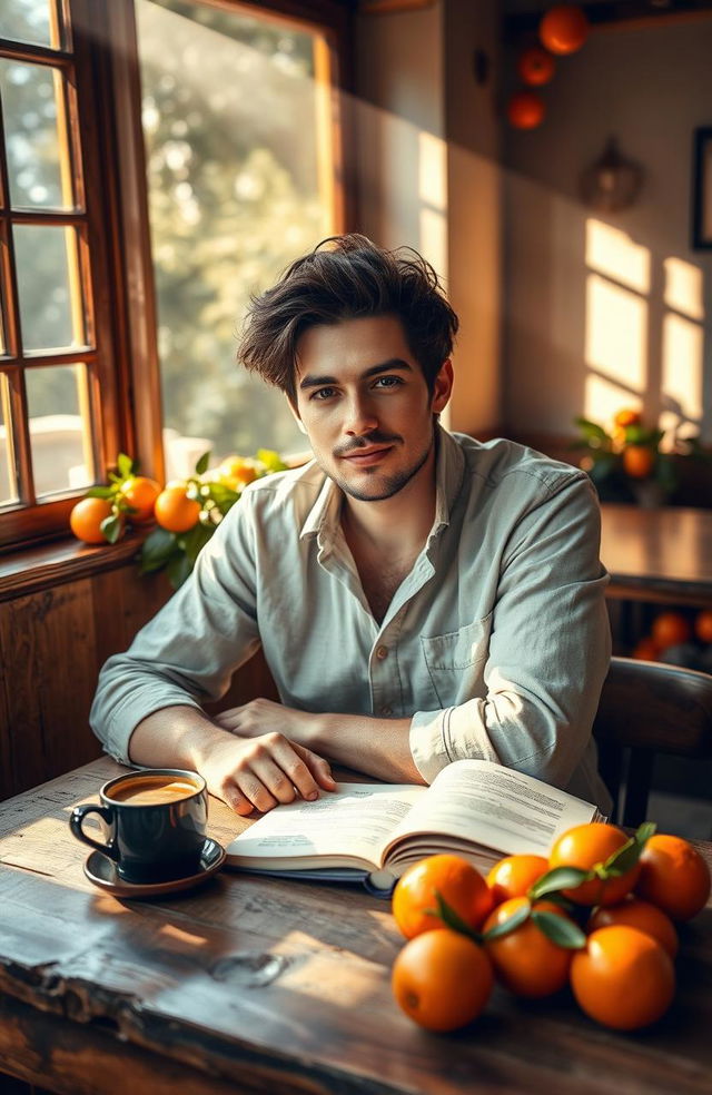 A cozy scene depicting a handsome man with tousled dark hair and warm brown eyes, sitting at a rustic wooden table in a sunlit café