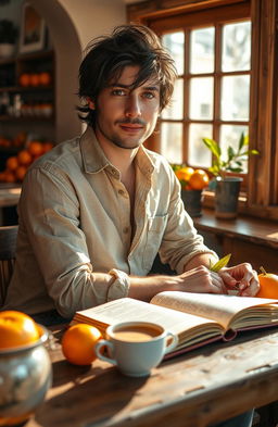 A cozy scene depicting a handsome man with tousled dark hair and warm brown eyes, sitting at a rustic wooden table in a sunlit café