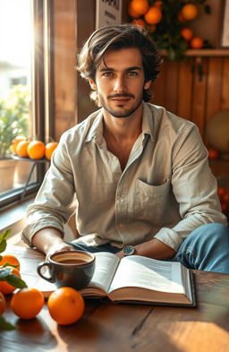 A cozy scene depicting a handsome man with tousled dark hair and warm brown eyes, sitting at a rustic wooden table in a sunlit café