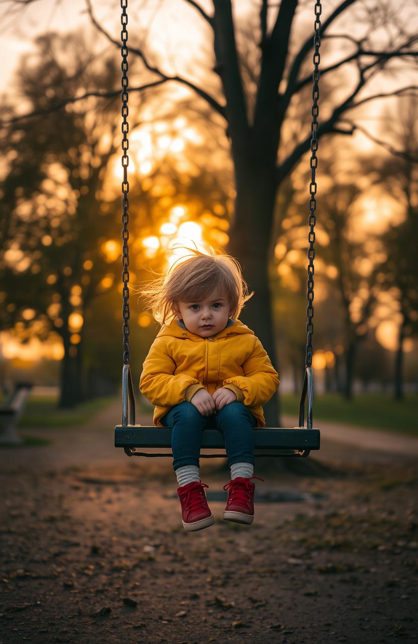 A lonely child sitting on a swing in an empty park during sunset, with a melancholic expression