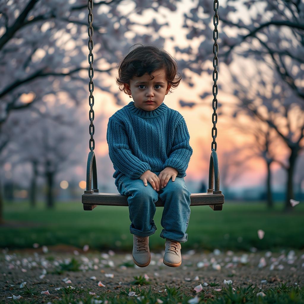A lonely child sitting on a swing in an empty park during twilight, with a sad expression