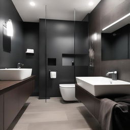 A bathroom featuring a blend of light and dark colors, specifically designed without a bathing tub.