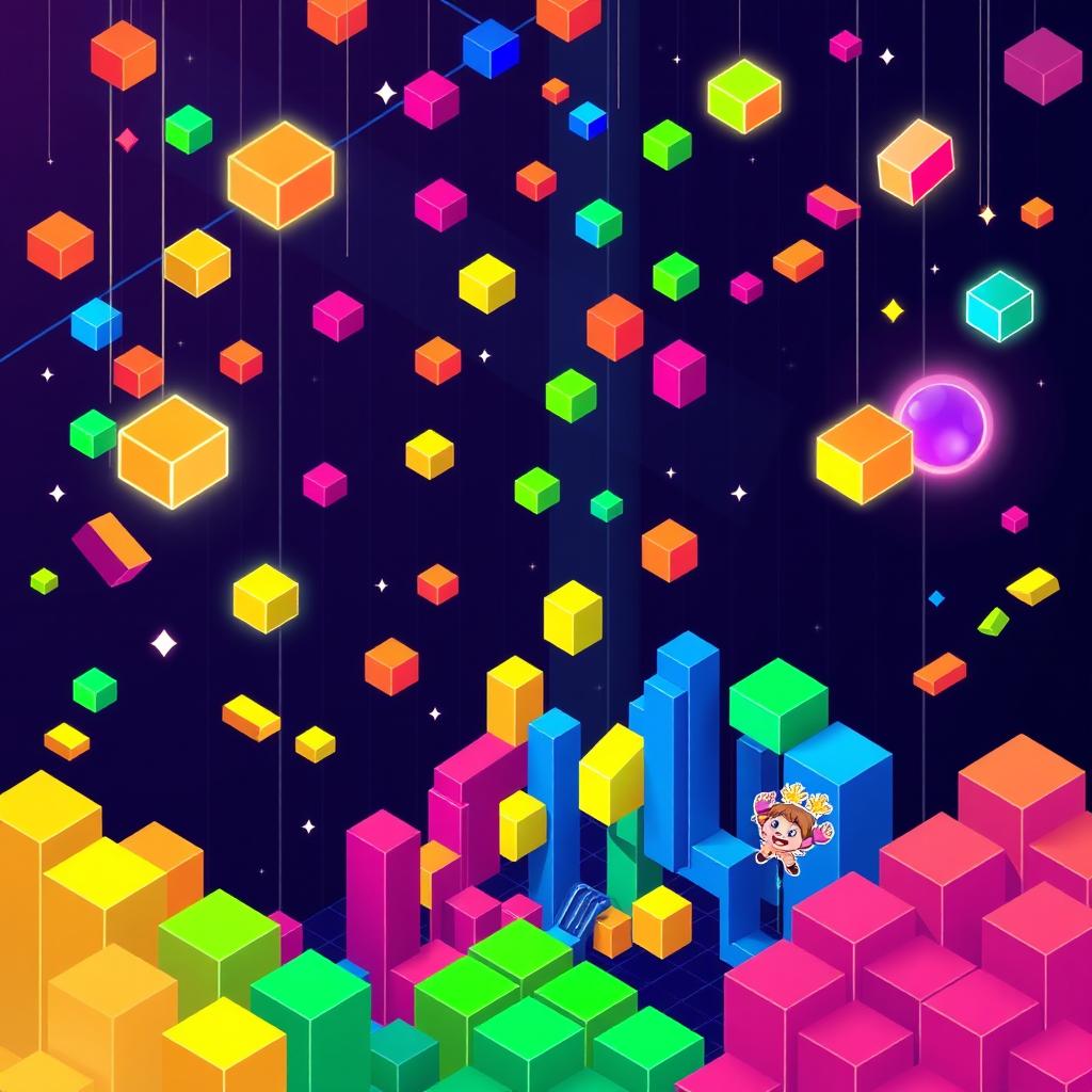A vibrant and colorful interpretation of a Tetris game in an isometric style, featuring falling Tetrimino shapes in various vivid colors against a dark background
