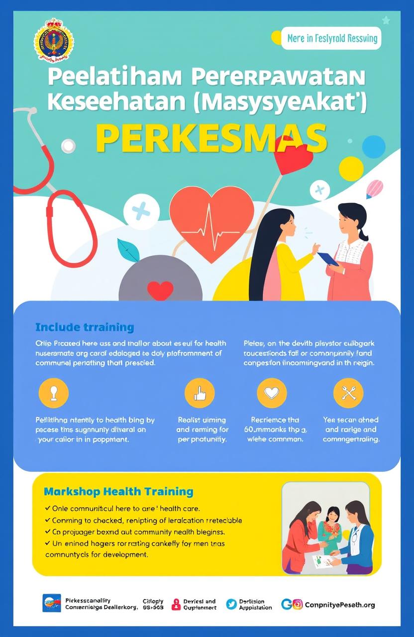 An engaging and informative graphic design proposal for a community health care training program titled 'Pelatihan Perawatan Kesehatan Masyarakat (PERKESMAS)'