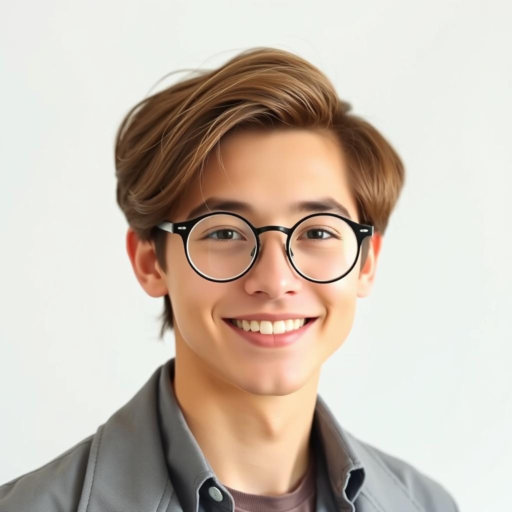 A young man with fully brown hair, courteously styled and smooth