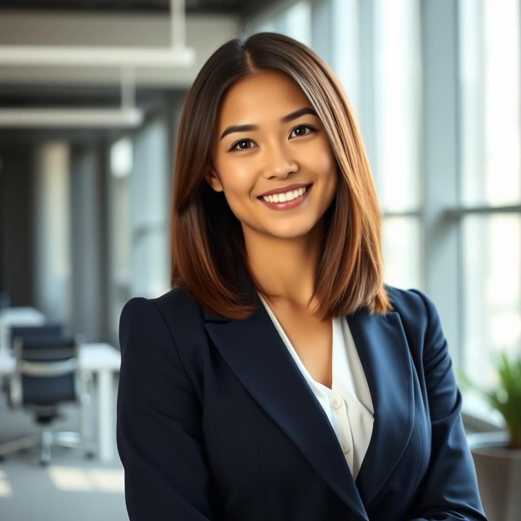 A professional portrait of a confident young woman standing against a modern office backdrop