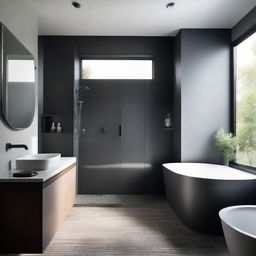 A bathroom featuring a blend of light and dark colors, specifically designed without a bathing tub.