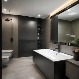 A bathroom featuring a blend of light and dark colors, specifically designed without a bathing tub.