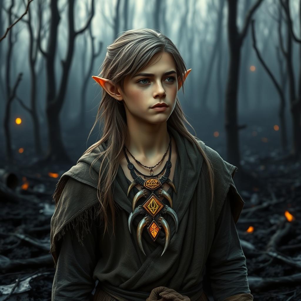A young forest elf druid from the Circle of the Moon, standing in a devastated forest turned to ashes
