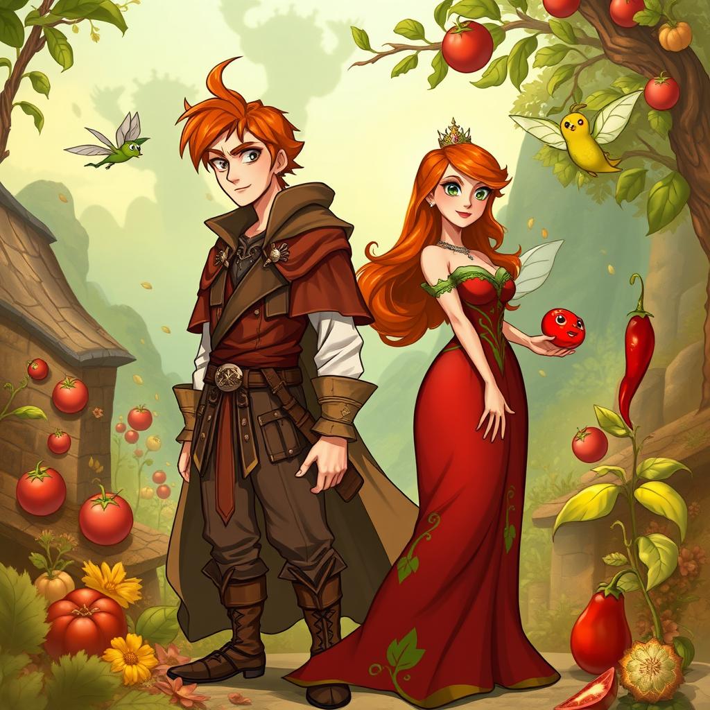 In a more mature fantasy setting, the scene unfolds in the vibrant Kingdom of Ginger, where Prince Ginger and Princess Tomato embark on a daring exploration to find the ultimate balance of flavors