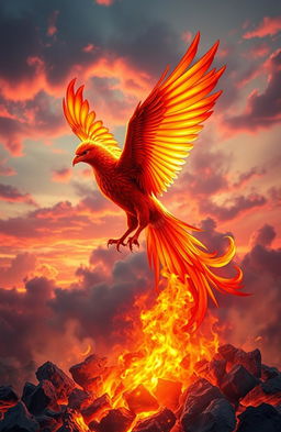 A majestic phoenix soaring upward, emerging from glowing, vibrant ashes