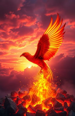 A majestic phoenix soaring upward, emerging from glowing, vibrant ashes