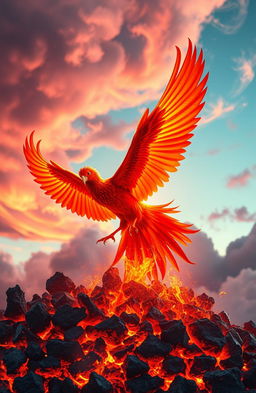 A majestic phoenix soaring upward, emerging from glowing, vibrant ashes
