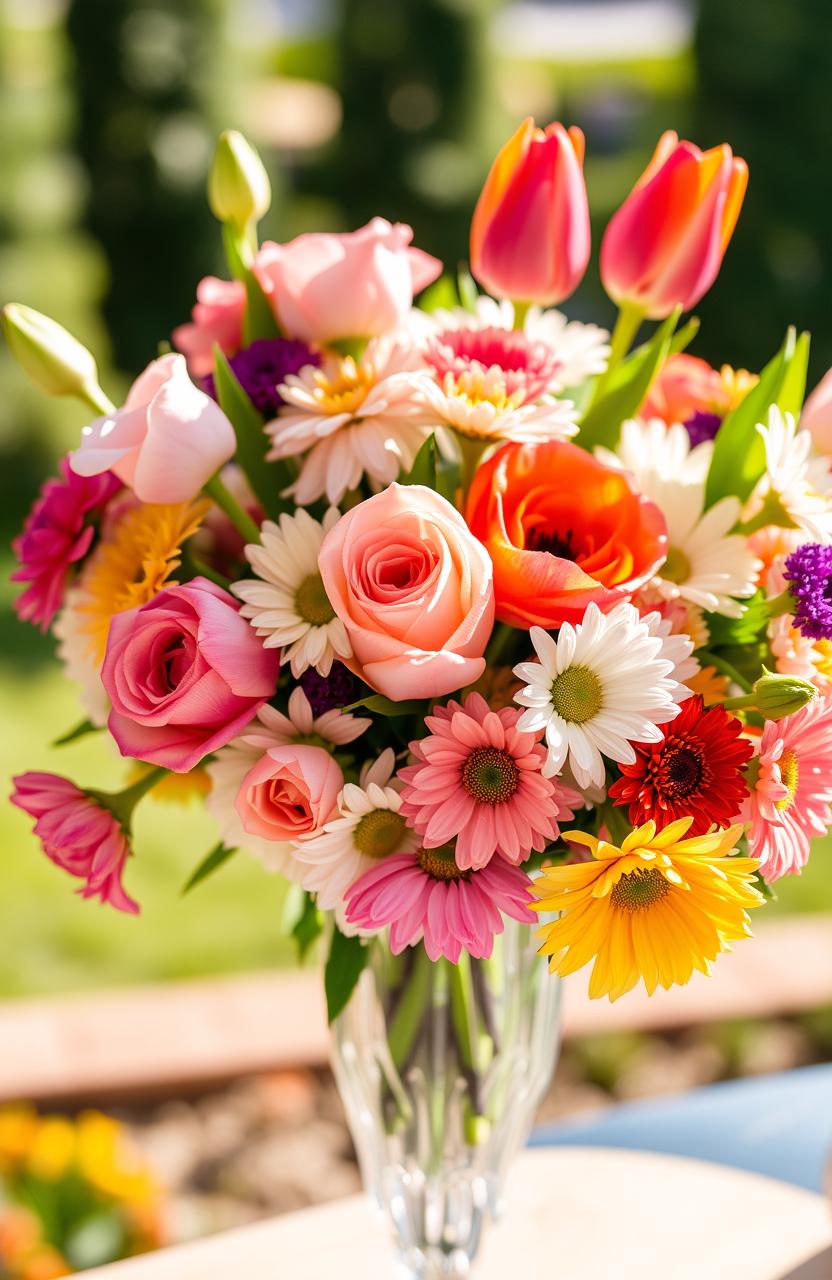 A beautiful, vibrant close-up of a multicolored flower bouquet, showcasing a rich variety of blooms including roses, tulips, and daisies, each petal glistening with morning dew