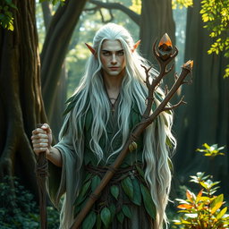 A mystical white-haired male druid elf standing in an enchanted forest