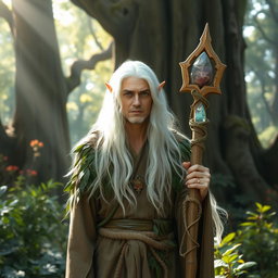 A mystical white-haired male druid elf standing in an enchanted forest