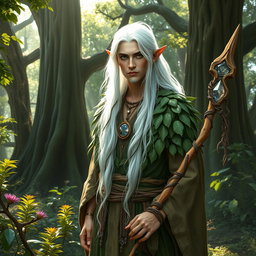 A mystical white-haired male druid elf standing in an enchanted forest