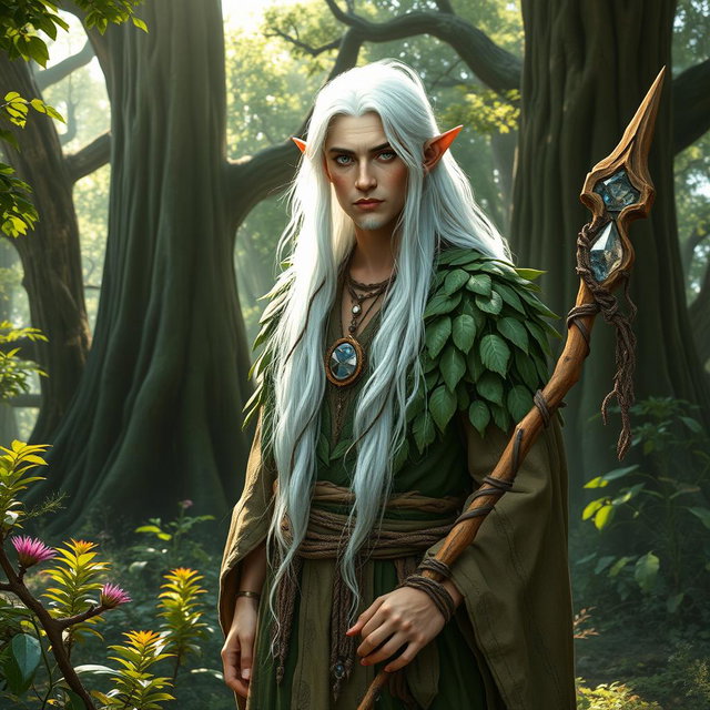A mystical white-haired male druid elf standing in an enchanted forest