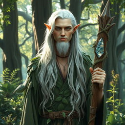 A mystical white-haired male druid elf standing in an enchanted forest