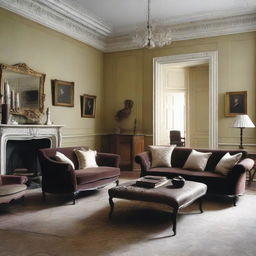 A drawing room with light color walls contrasted with dark furniture.