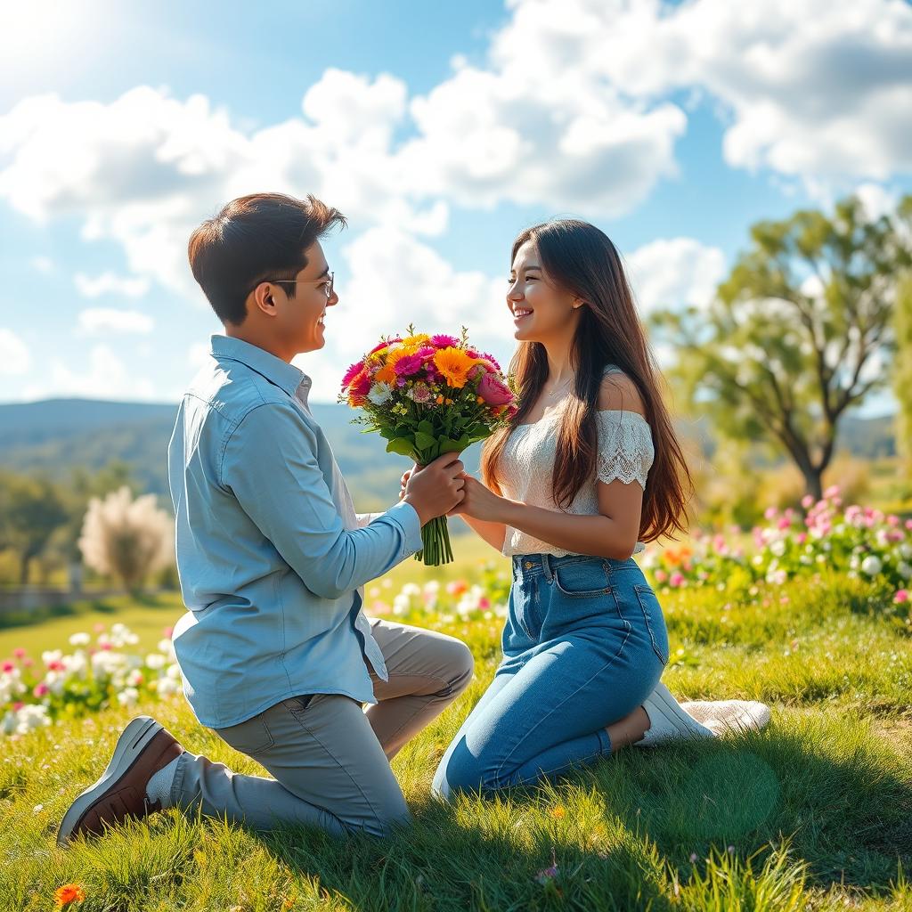 A romantic scene depicting a young couple in a picturesque setting