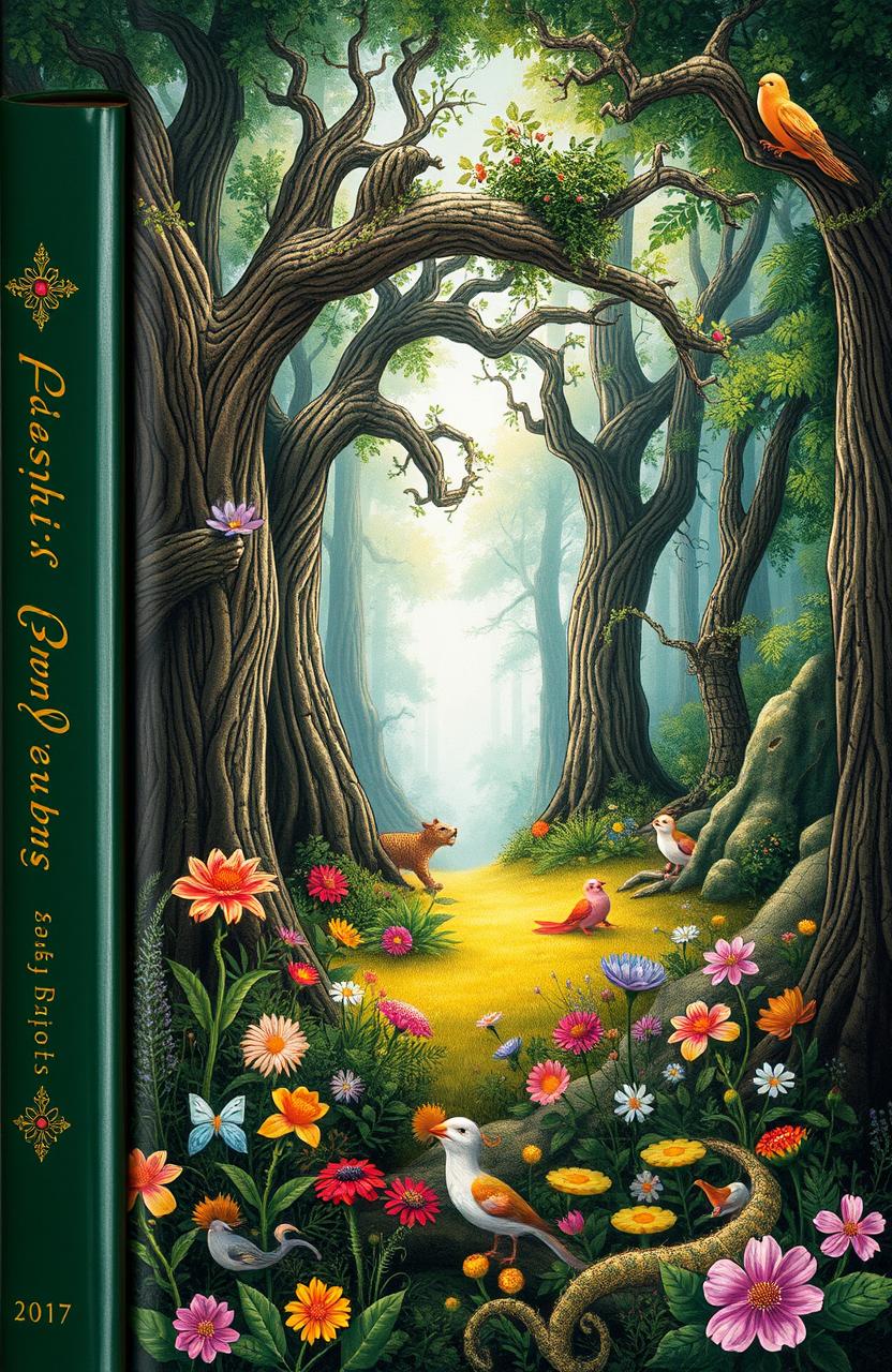 A beautifully designed book cover featuring an enchanting illustrated front cover depicting a mystical forest with ancient trees, vibrant flowers, and magical creatures