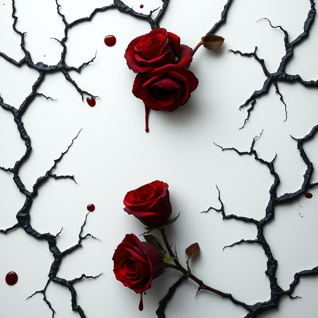 A haunting and menacing portrait featuring twisted black cracks and veins on a white background