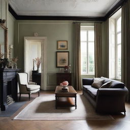 A drawing room with light color walls contrasted with dark furniture.