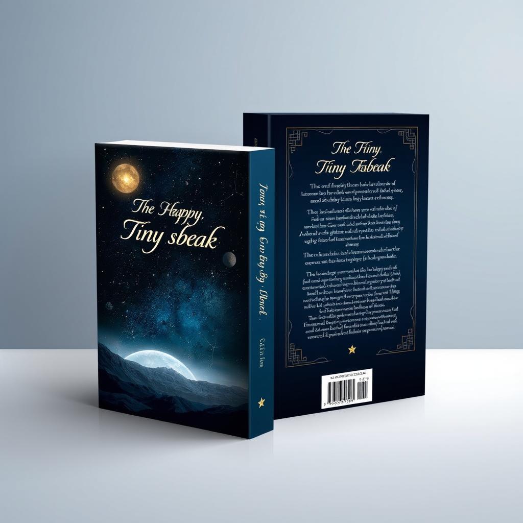 A captivating book cover design featuring a front cover that showcases a celestial scene with a starry night sky, planets, and a glowing moon