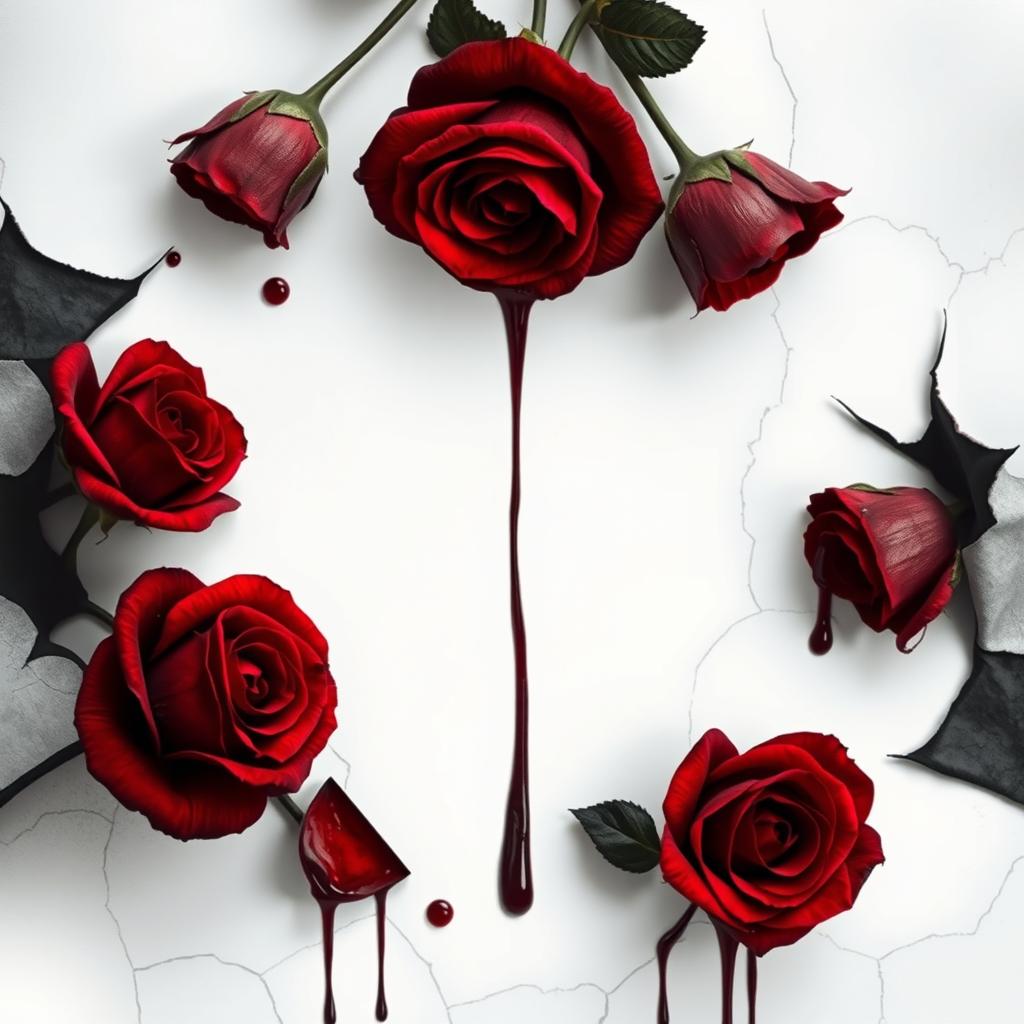A haunting portrait featuring dark red roses with blood dripping from their petals, emerging from large black cracks on the sides and corners of the image