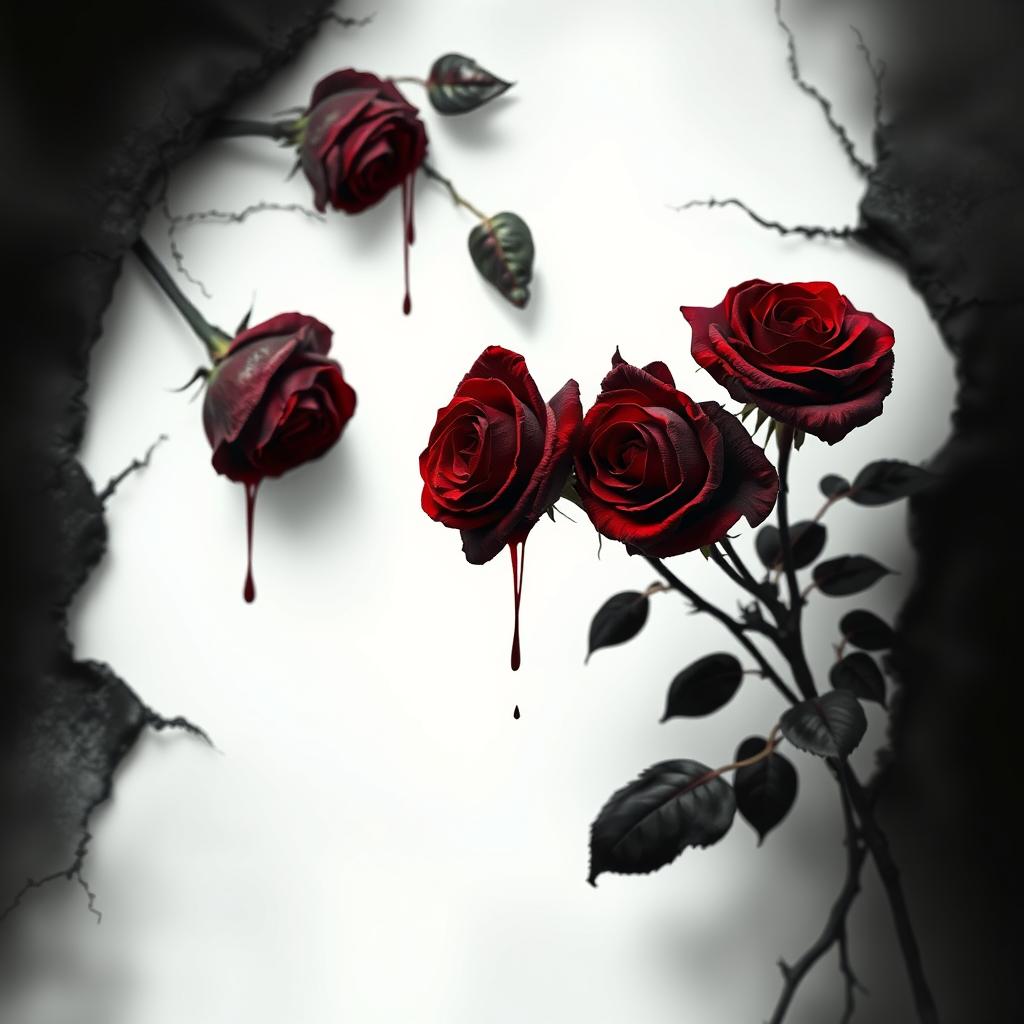 A haunting and menacing portrait featuring dark red roses with blood dripping down beautifully, emerging from large black cracks on the sides and corners
