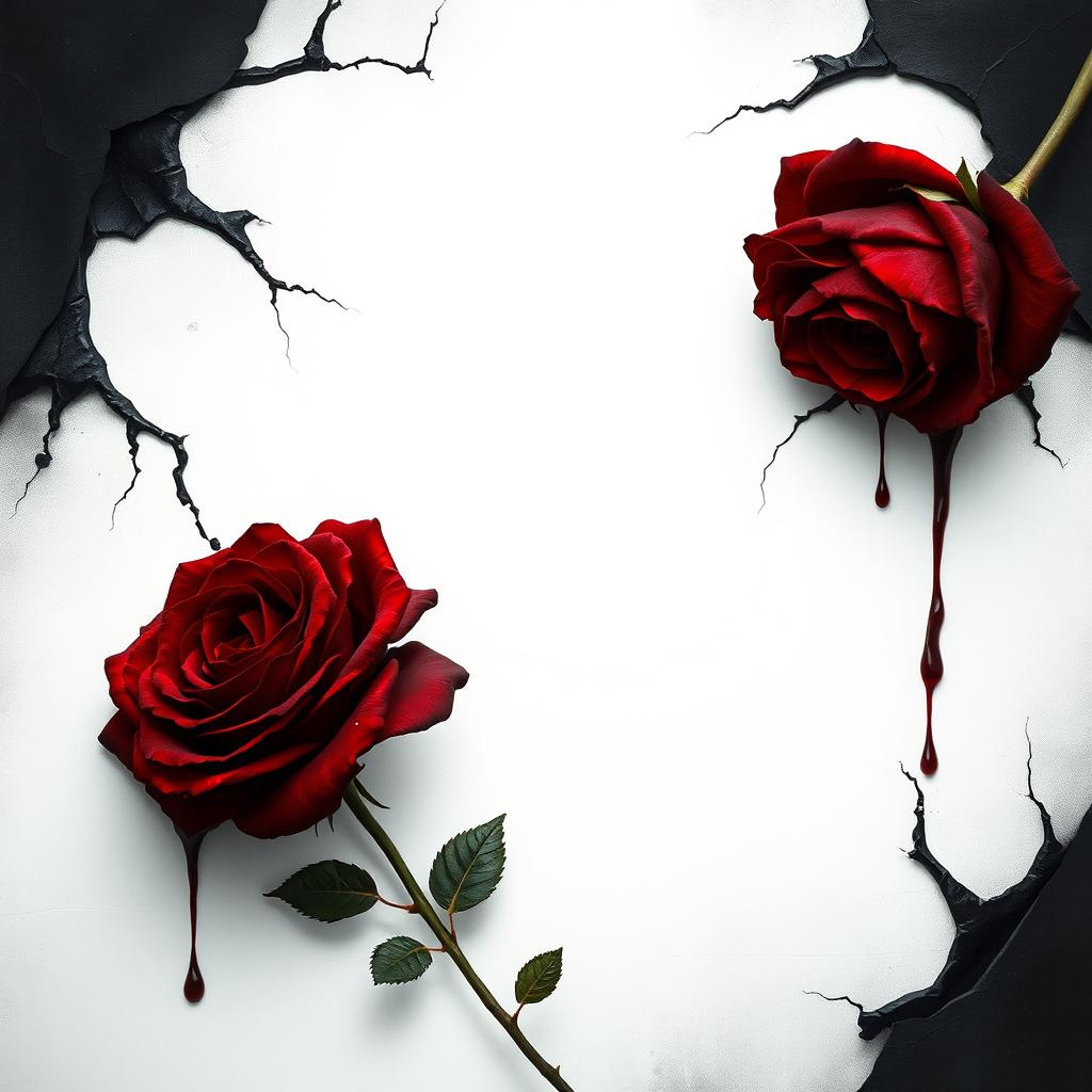 A haunting and menacing portrait featuring dark red roses with blood dripping beautifully, emerging from large black cracks on the sides and corners of the canvas