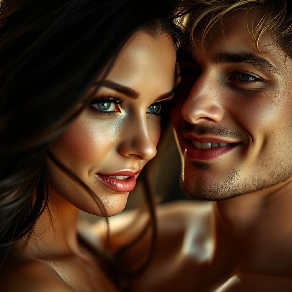 A close-up portrait of a sensuous young woman and a man, their faces filled with passion and intrigue