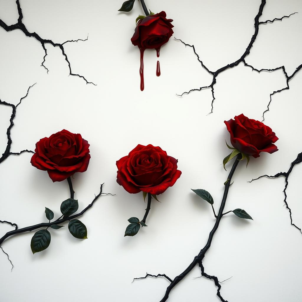 A gothic elegance book cover featuring dark blood dripping red roses set against a white background wall
