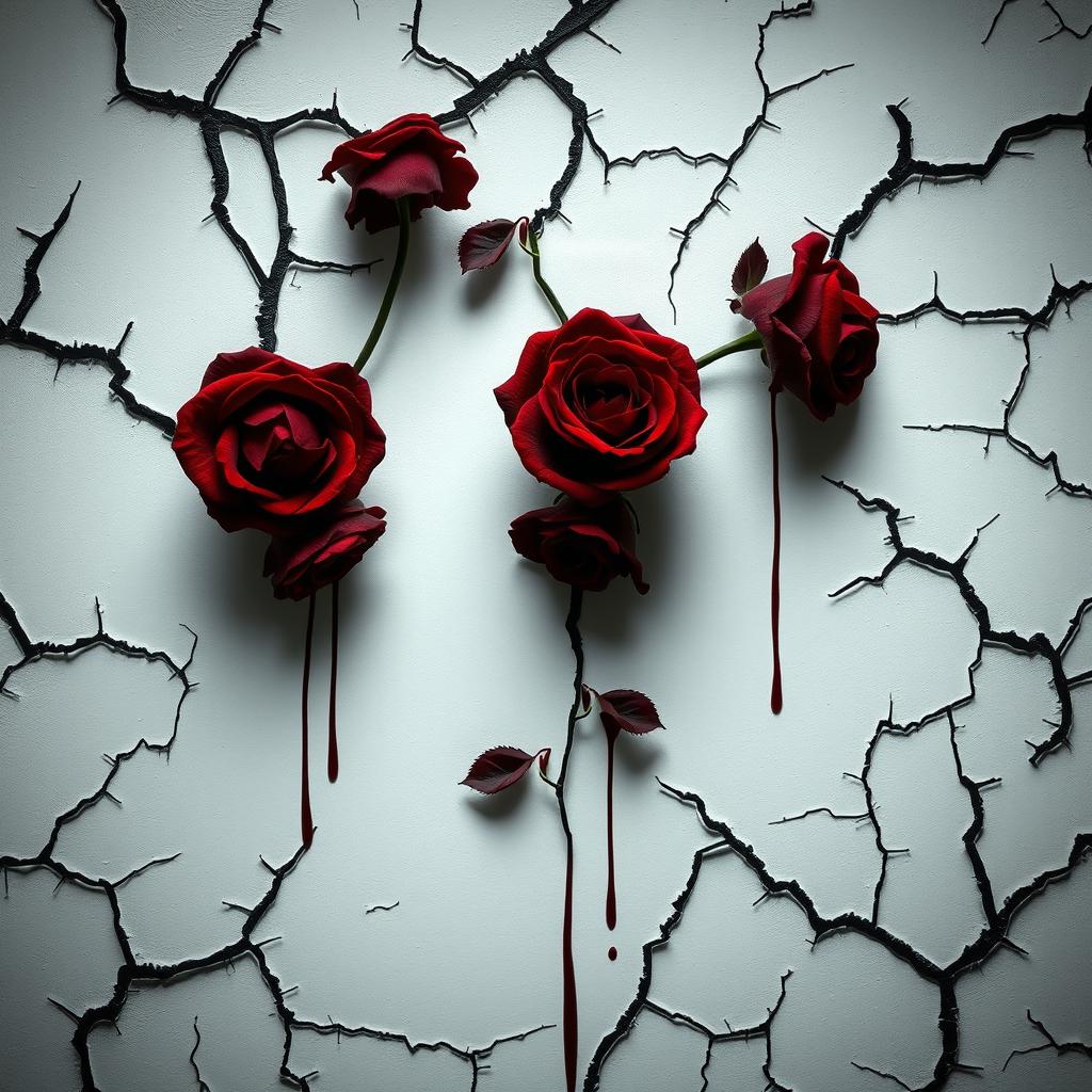 A dark and elegant book cover featuring dark red roses emerging from large, twisted cracks in a white background wall