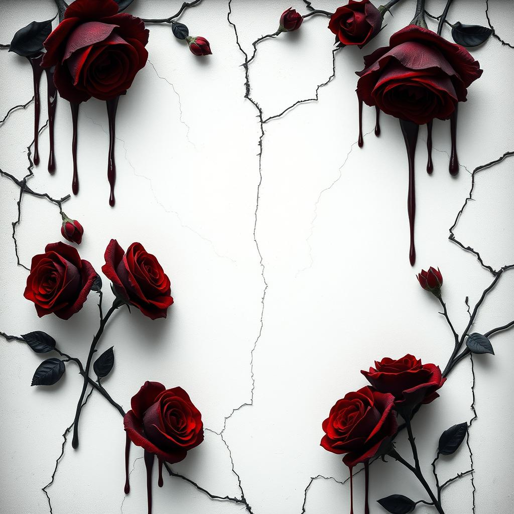 A gothic elegance styled book cover featuring dark blood dripping red roses and twisted cracks and veins