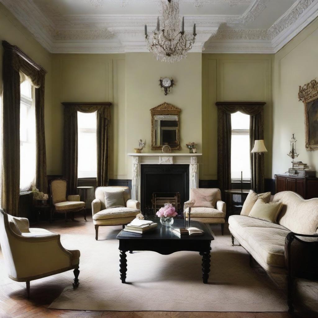A drawing room with light color walls contrasted with dark furniture.