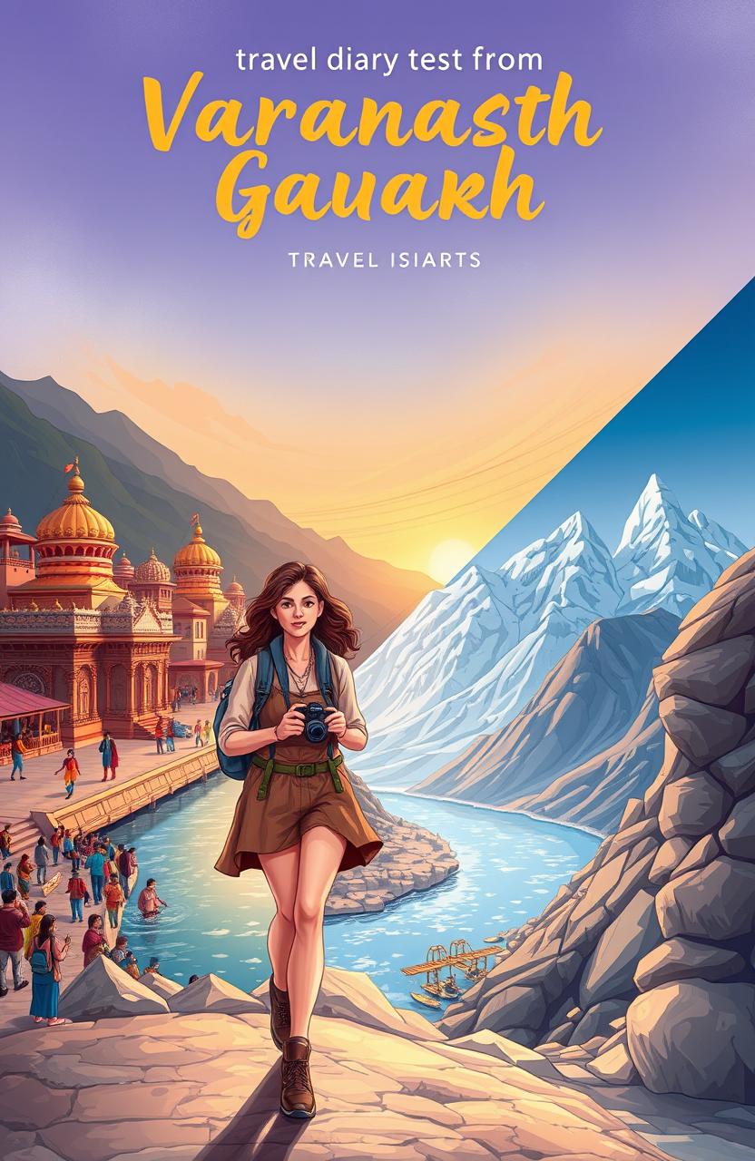 A stunning travel diary illustration capturing the journey of a solo female traveler from Varanasi to Gaumukh