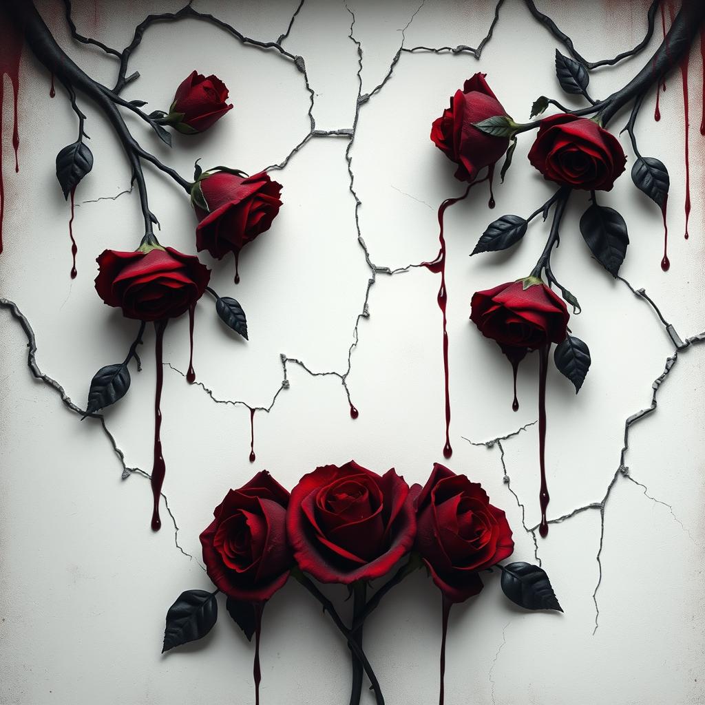 A gothic elegance book cover featuring dark red roses with blood dripping down, intricately intertwined with twisted cracks and veins