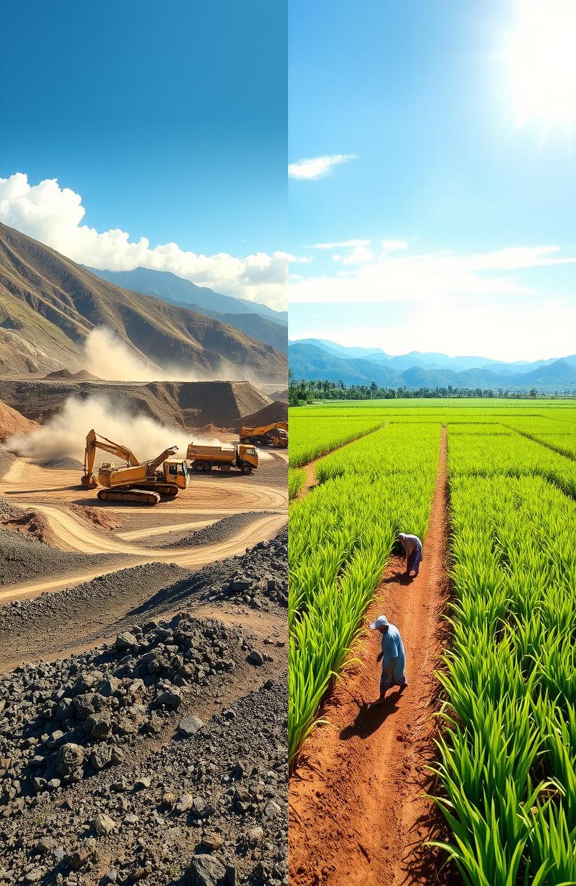 A vibrant landscape showcasing a mining site and a lush plantation side by side