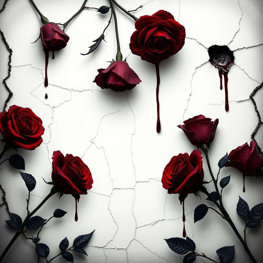 A dark and haunting book cover design featuring dark red roses with blood dripping beautifully from their petals
