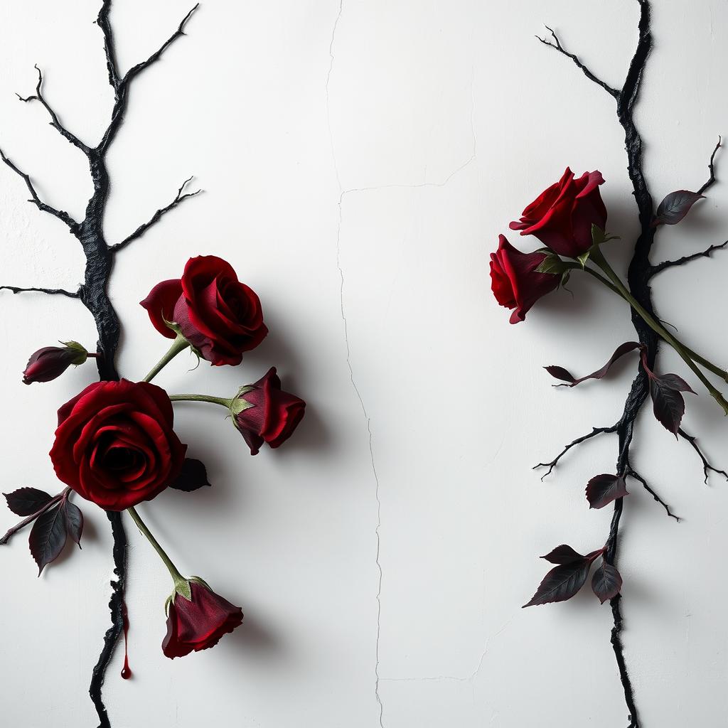 A dark book cover design featuring dark red stemless roses with blood dripping down, beautifully arranged in a fanart style
