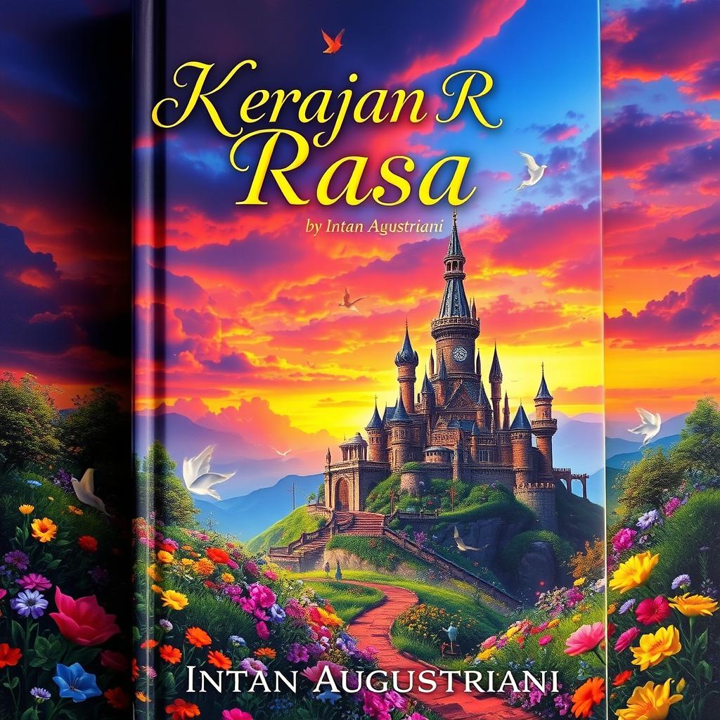 A captivating book cover titled 'Kerajaan Rasa' by Intan Agustriani, featuring an enchanting fantasy landscape filled with vibrant colors