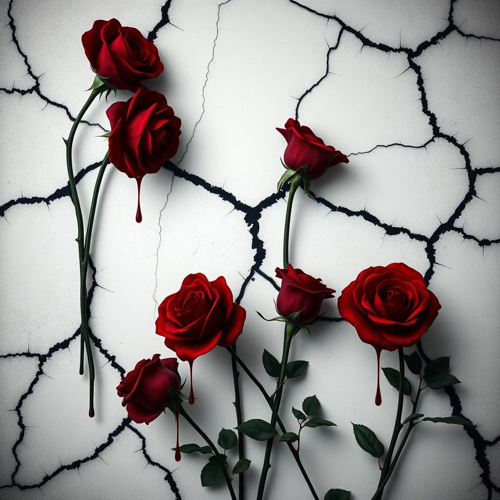 A dark book cover featuring stemless red roses with dark red blood dripping abundantly from them