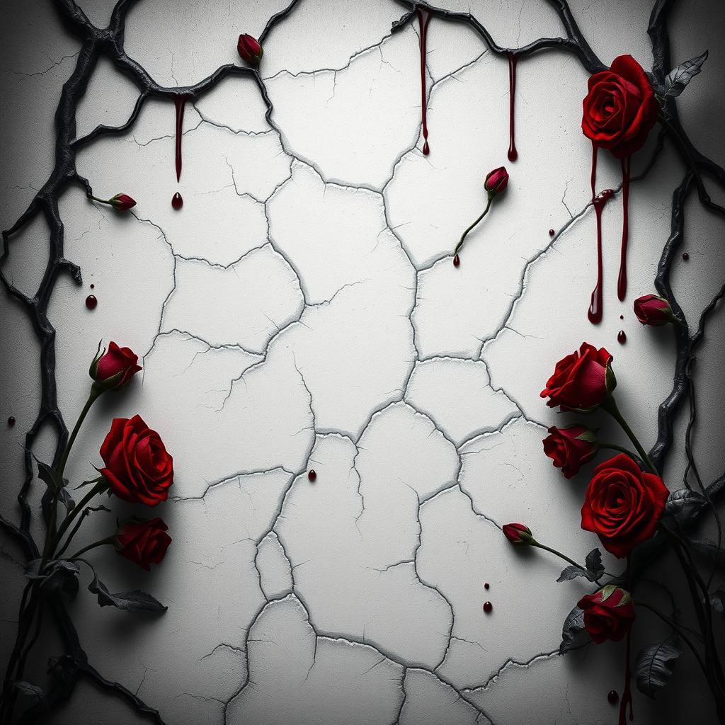 A dark book cover featuring dark red stemless roses dripping with blood against a white wall with a vignette effect